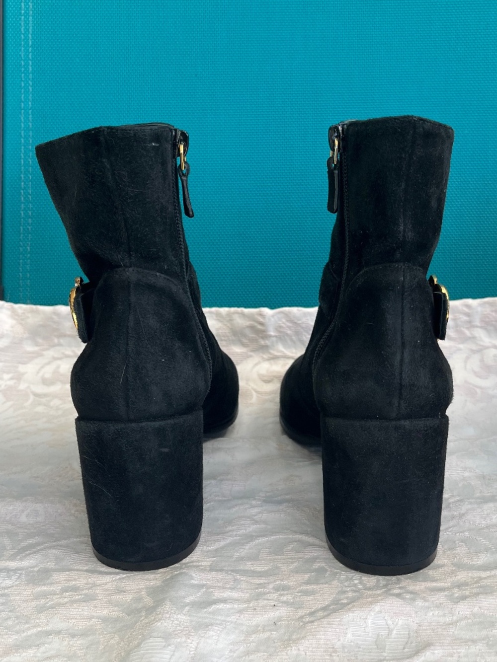 Stuart Weitzman Black Suede Block Heel Bootie w/ Zip Entry Size 7.5 - Picture 7 of 10